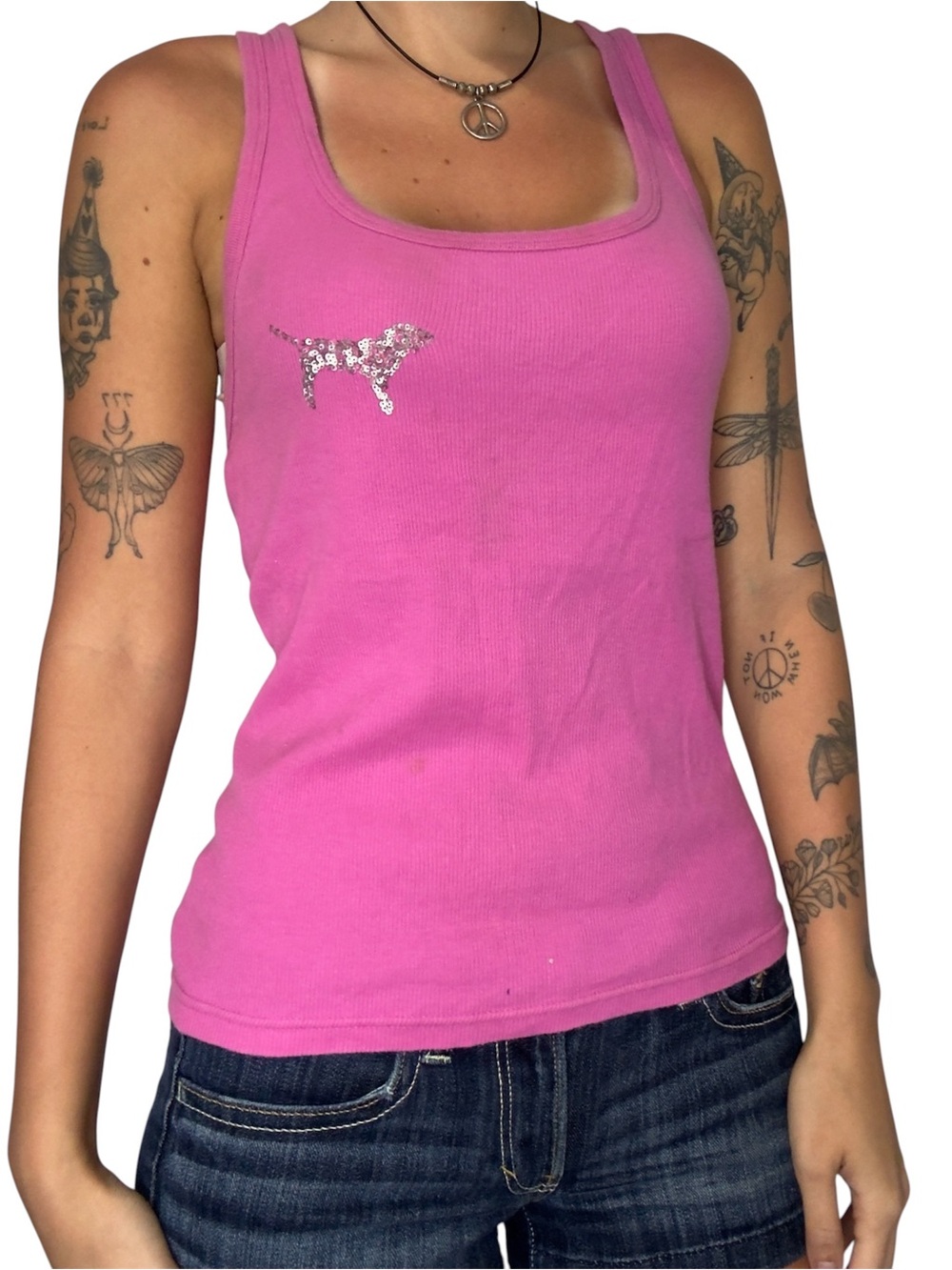 Y2K PINK Victoria's Secret Hot Pink Ribbed Tank with Silver Sequin Dog